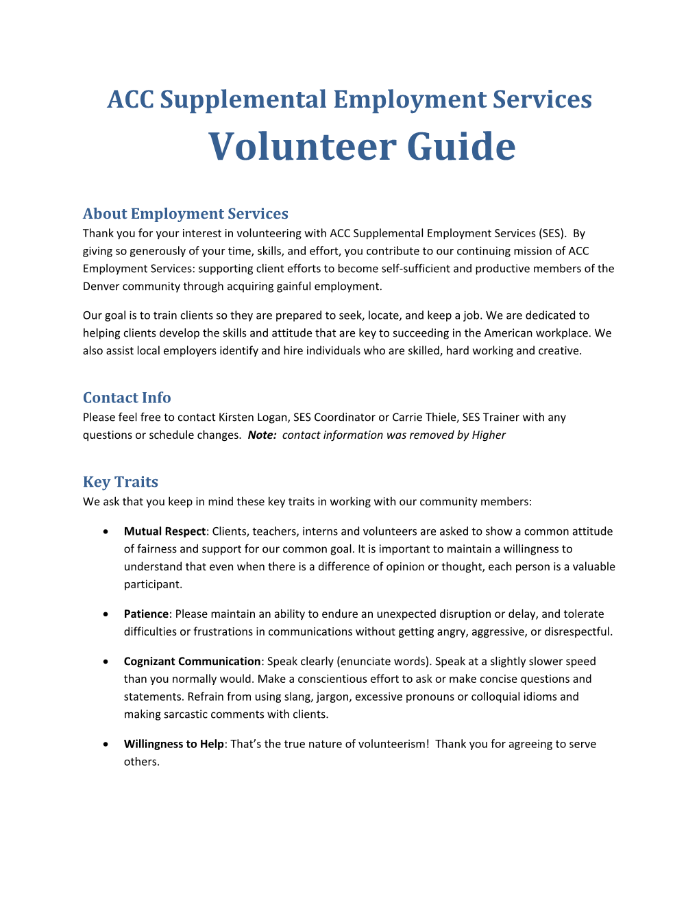 ACC Supplemental Employment Services Volunteer Guide