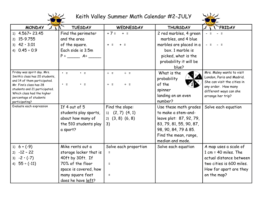 Keith Valleysummer Math Calendar #2-JULY