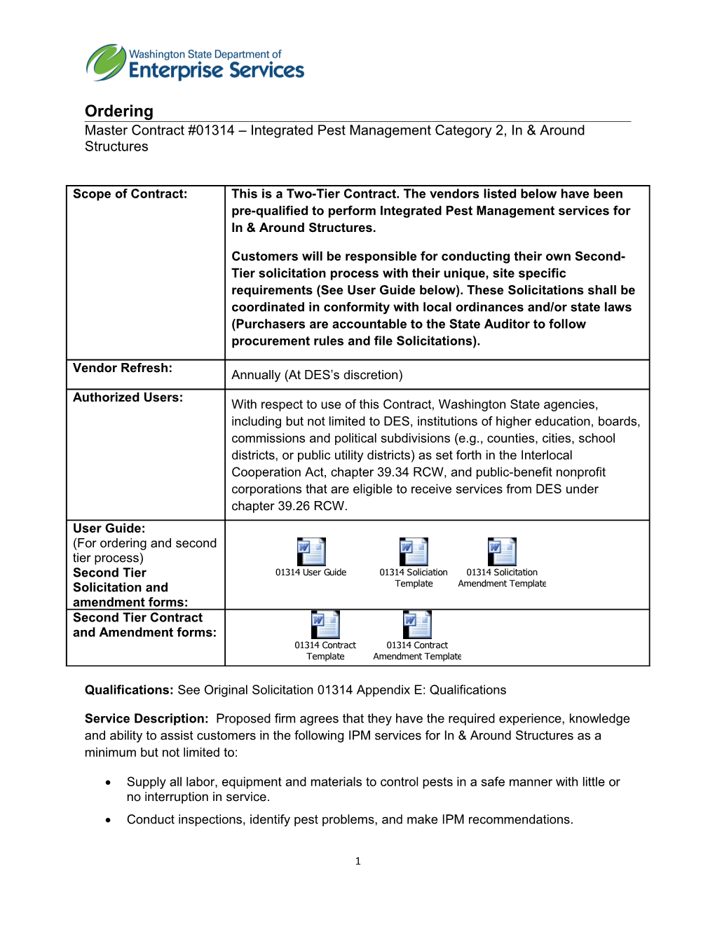 Master Contract #01314 Integrated Pest Management Category 2, in & Around Structures