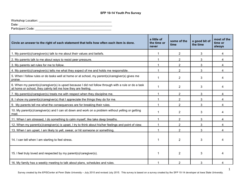 SFP 10-14 Youth Pre Survey