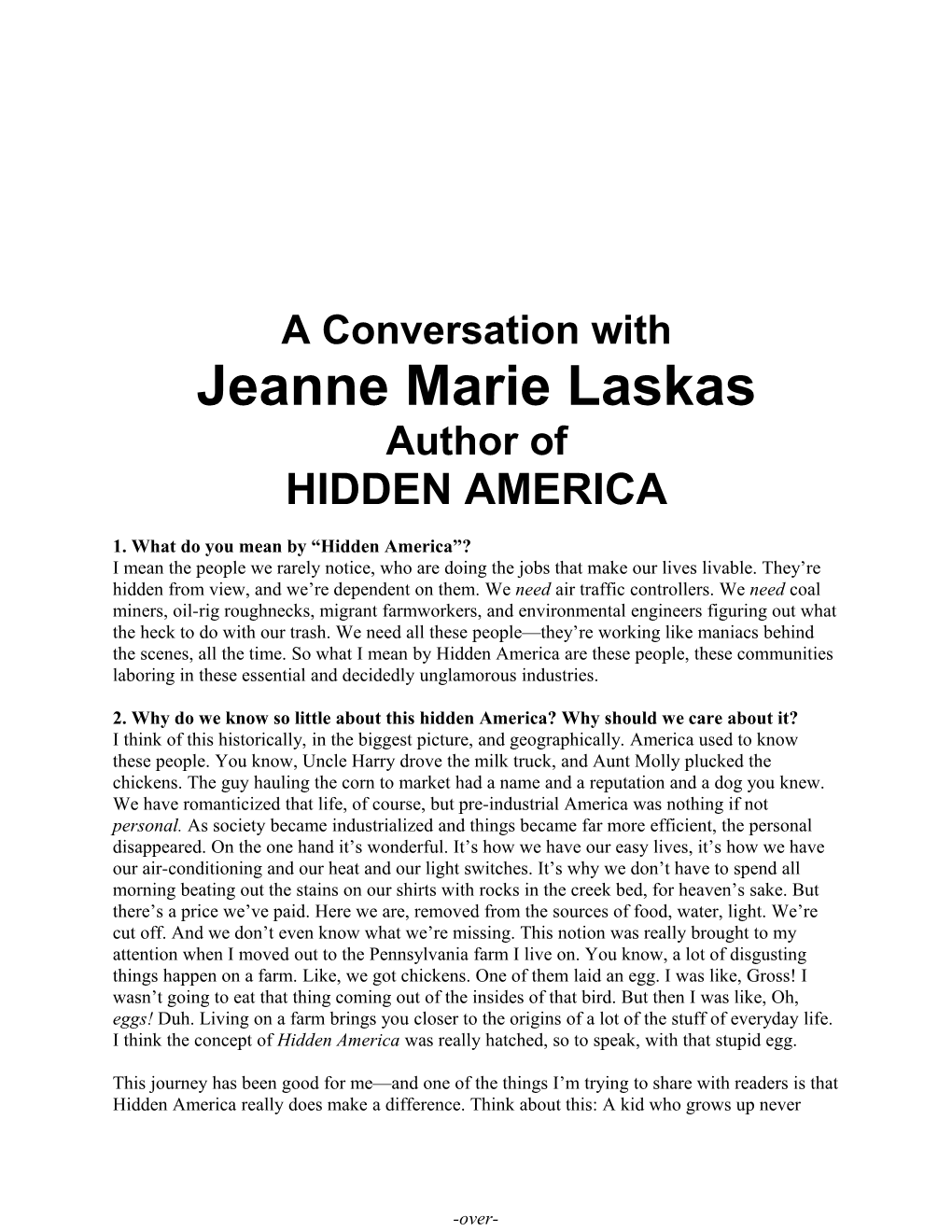 A Conversation with Jeanne Marie Laskas, Author of HIDDEN AMERICA Page 1 of 7