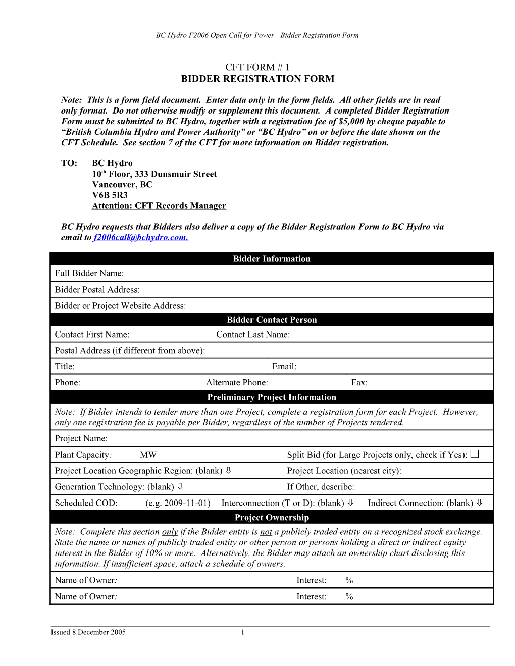 F2006 Open Call for Power Bidder Registration Form