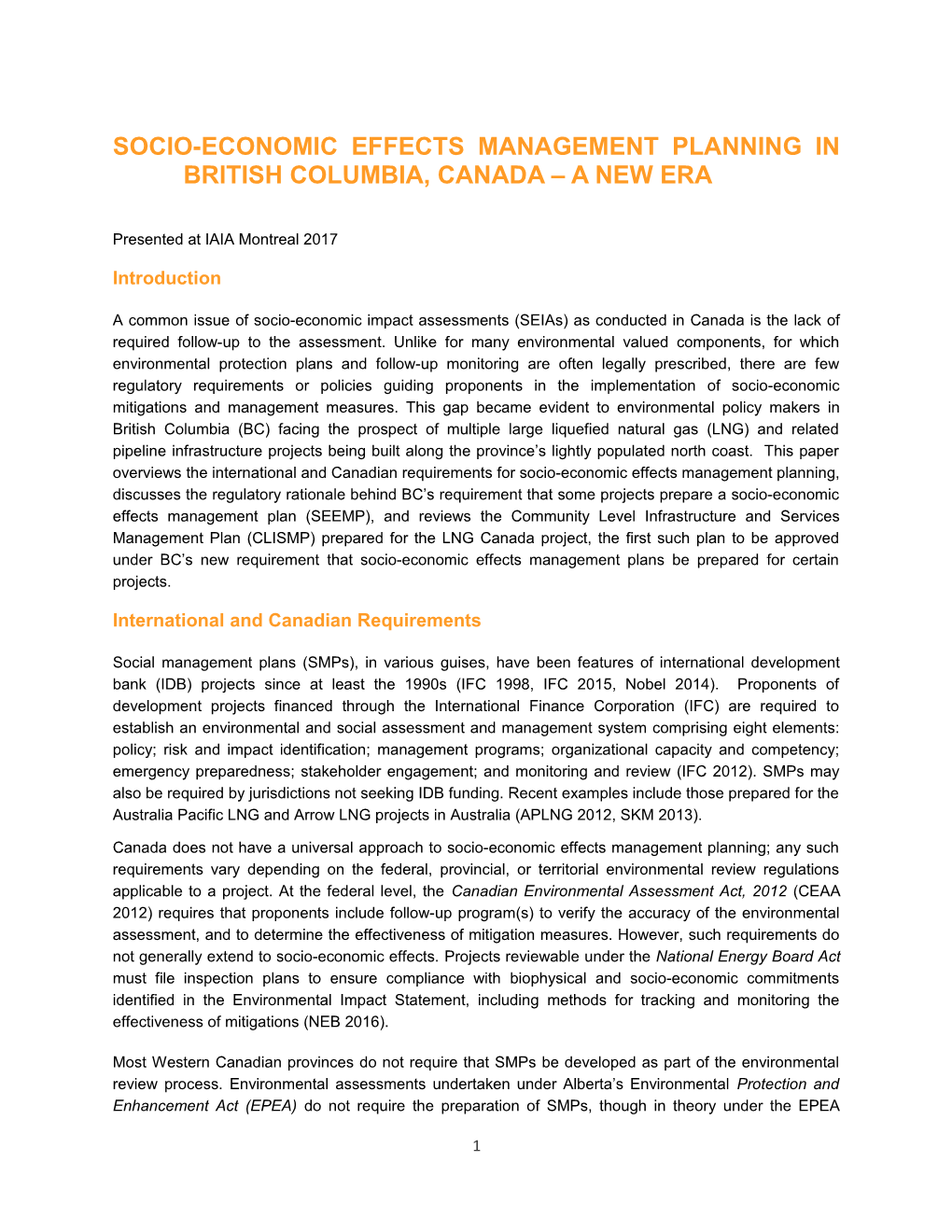 Socio-Economic Effects Management Planning in British Columbia, Canada a New Era