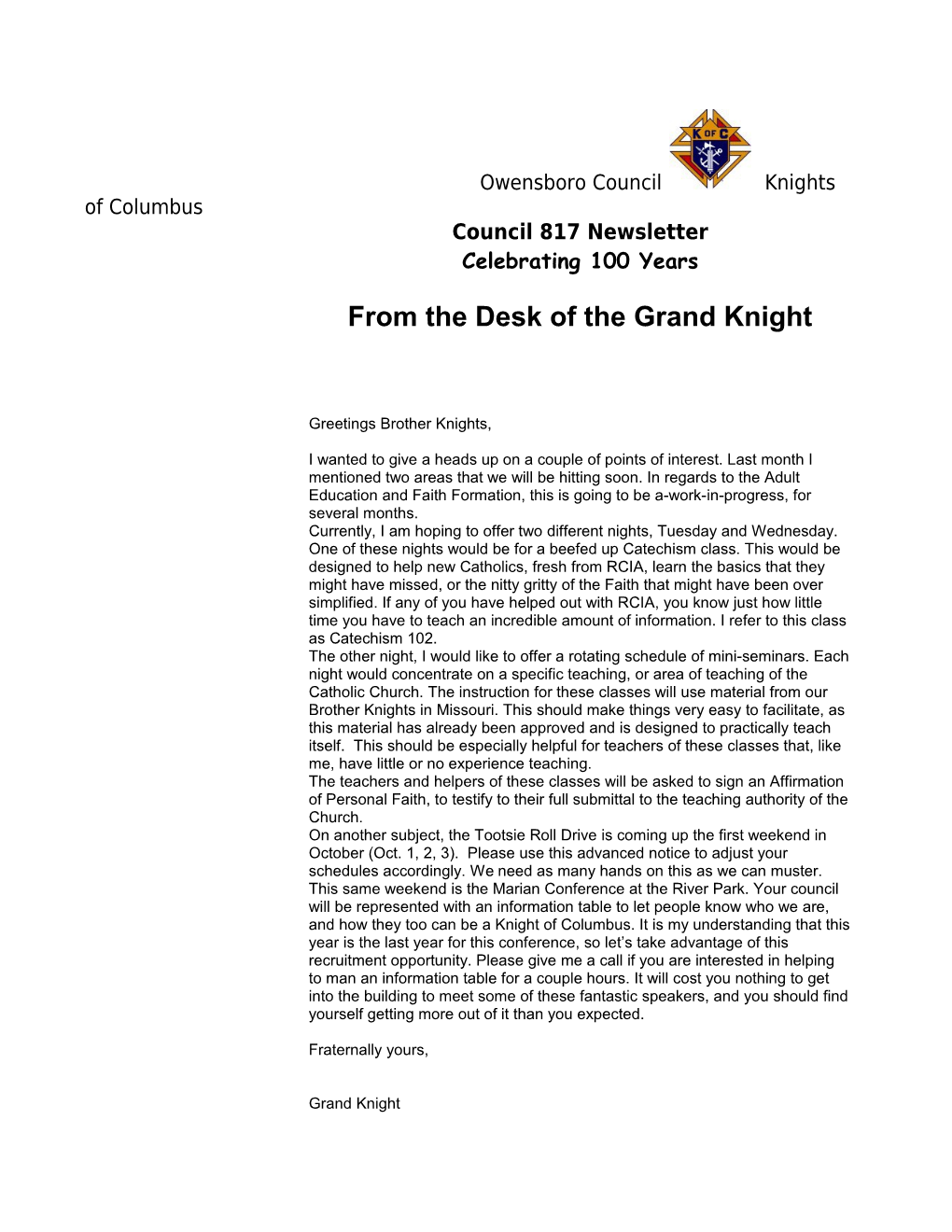 From the Desk of the Grand Knight