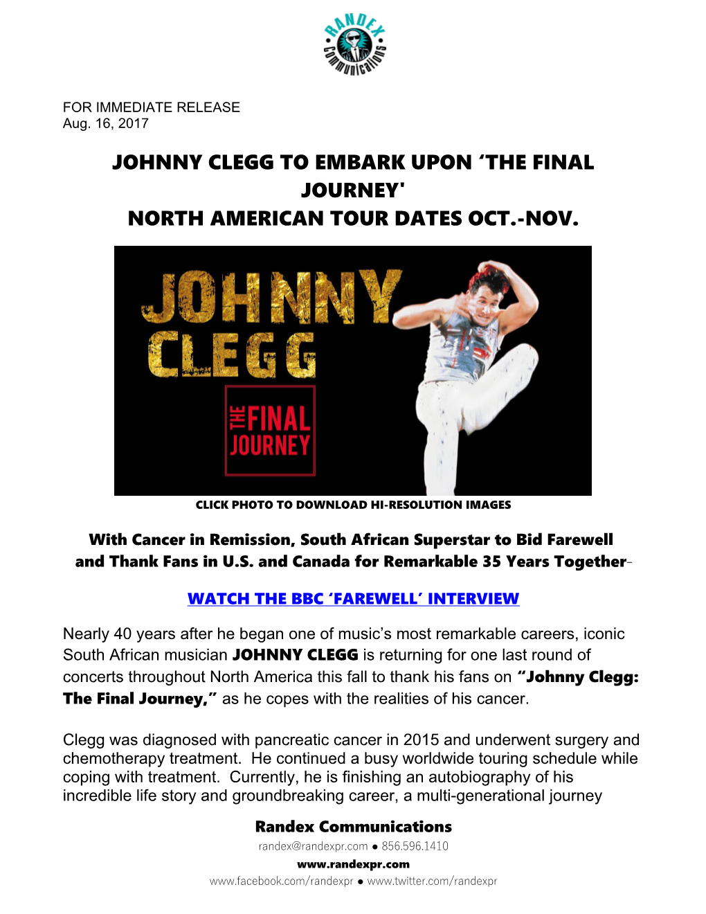 Johnny Clegg to Embark Upon the Final Journey'