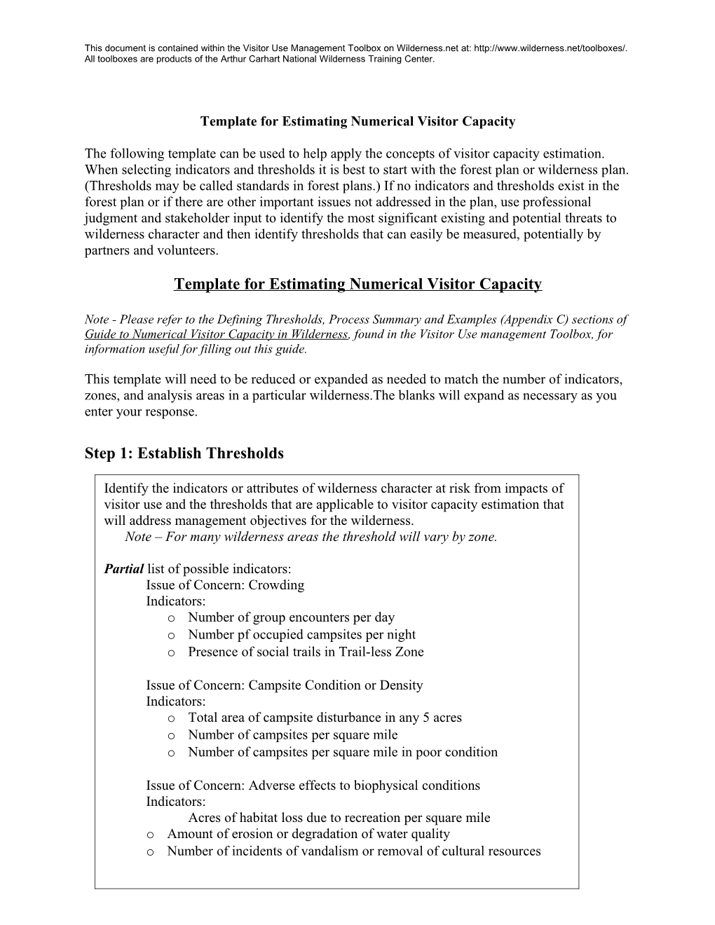 Template for Estimating Numerical Visitor Capacity