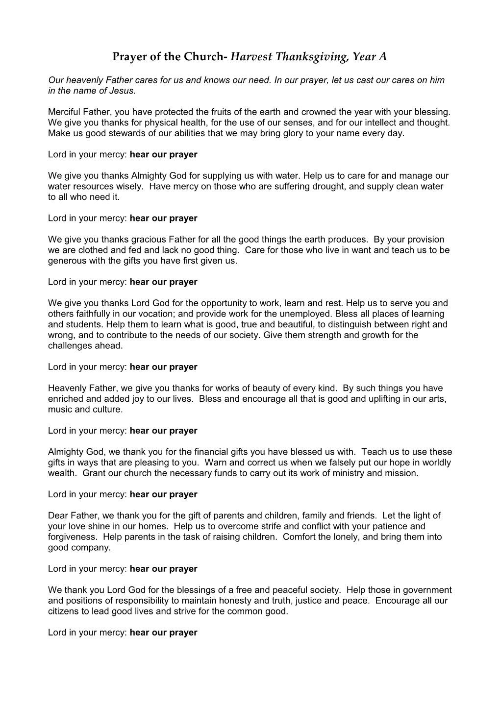 Prayer of the Church- Harvest Thanksgiving, Year A