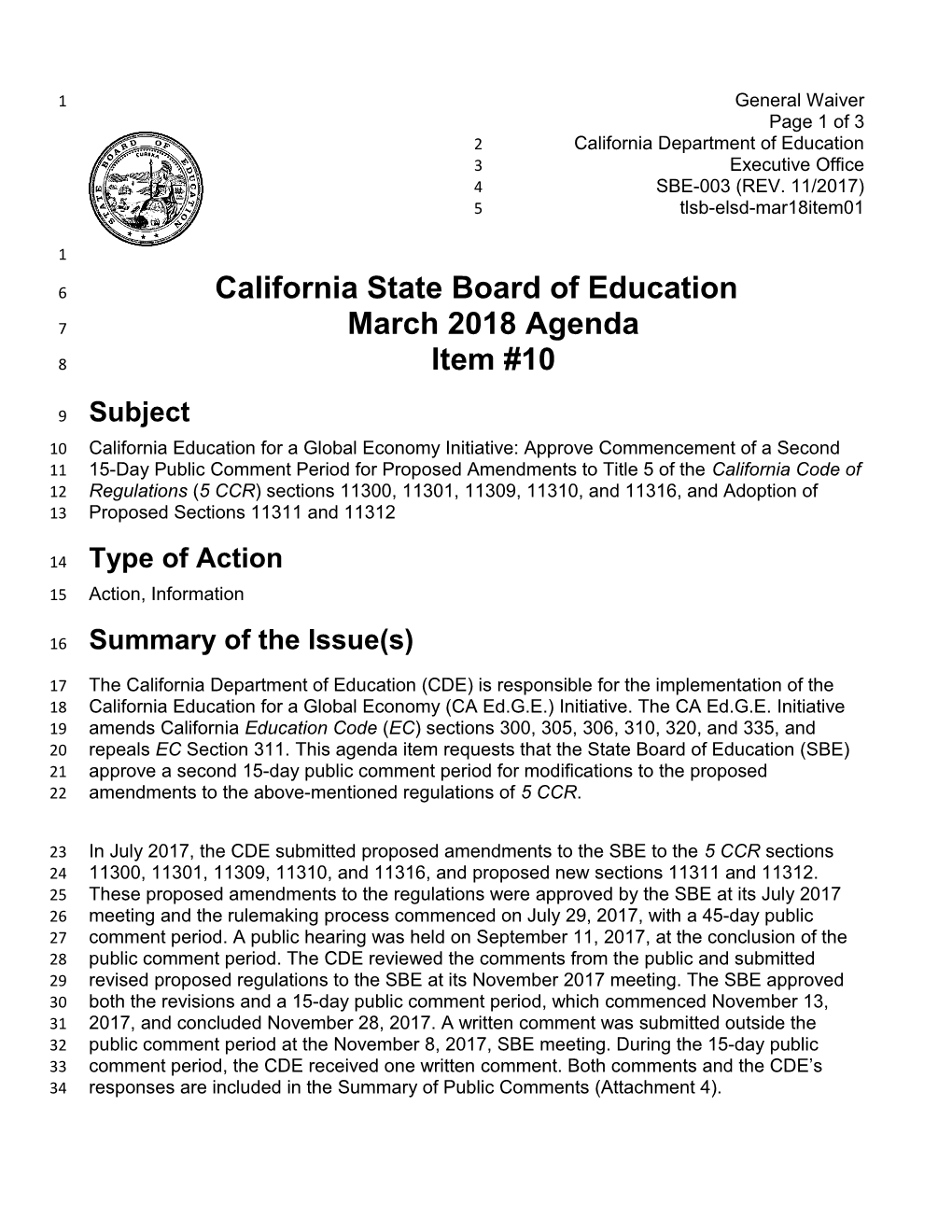 March 2018 Agenda Item 10 - Meeting Agendas (CA State Board of Education)