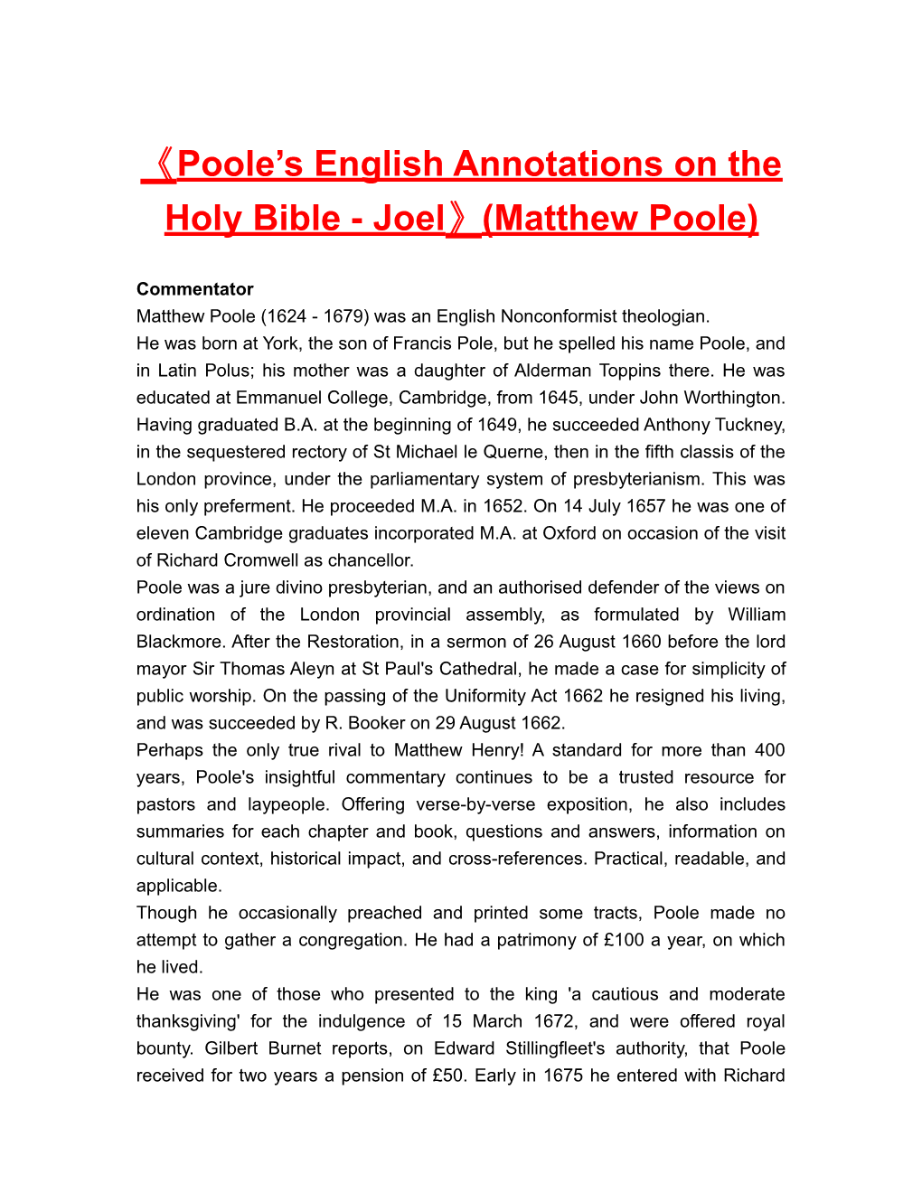 Poole S English Annotationson the Holy Bible -Joel (Matthew Poole)