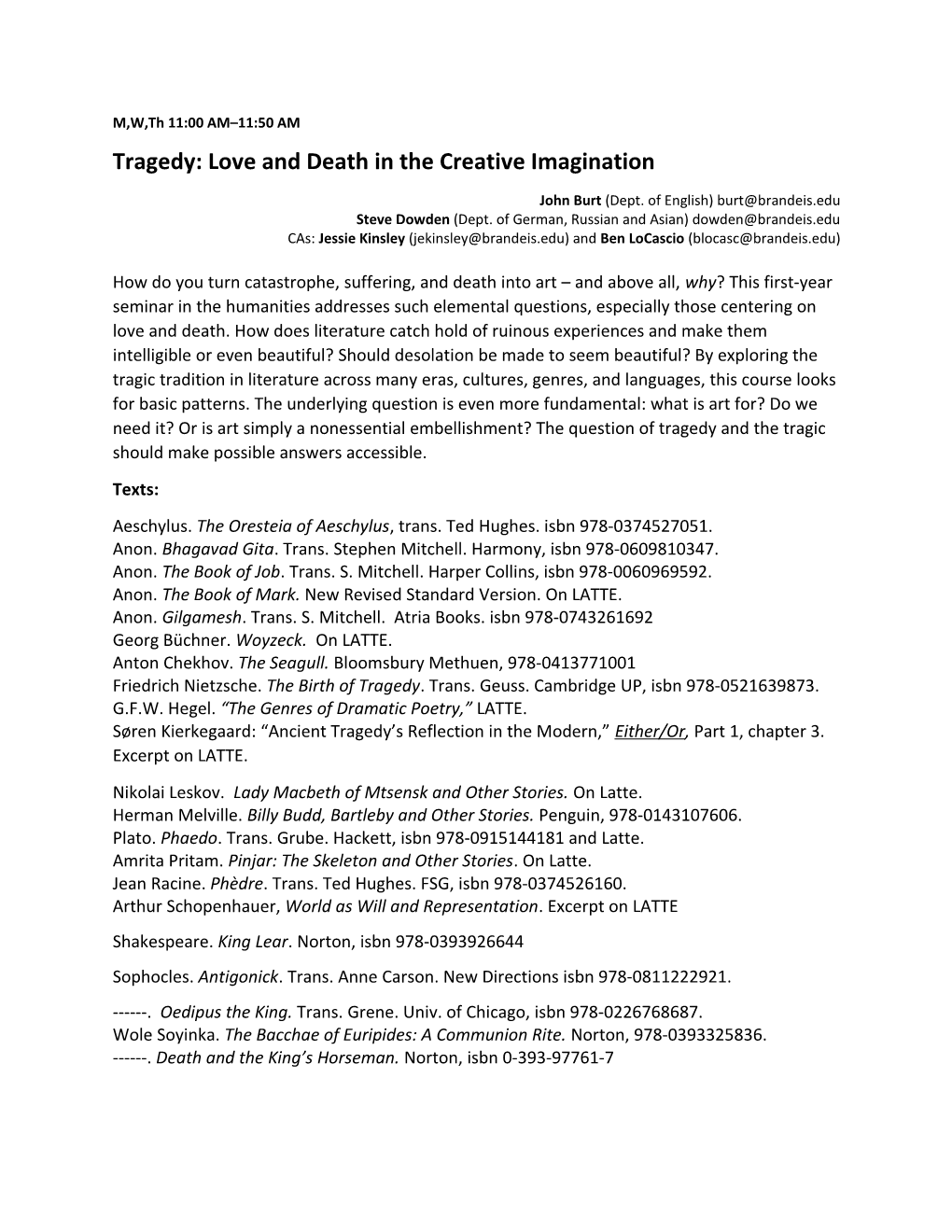 Tragedy: Love and Death in the Creative Imagination
