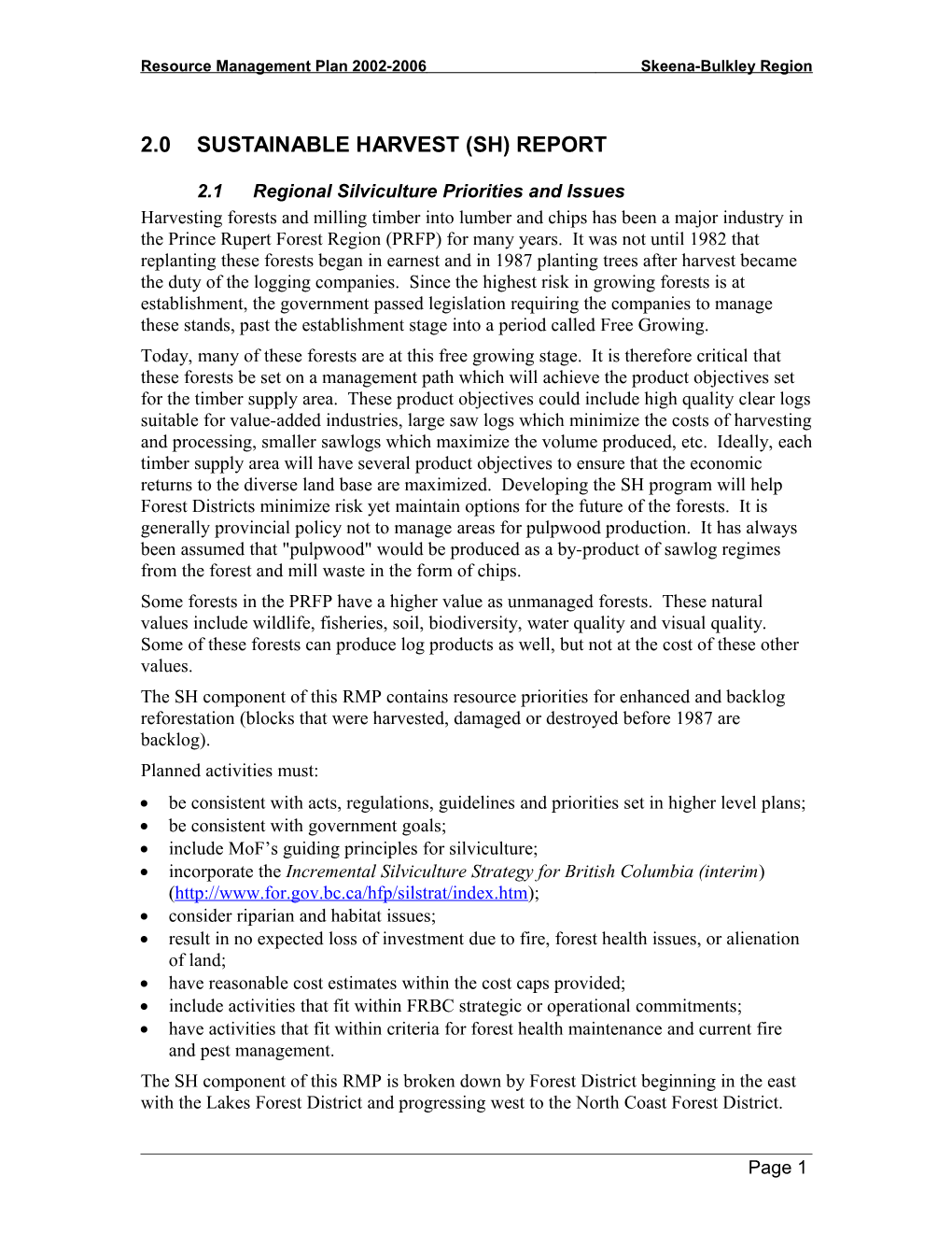 Resource Management Plan 2002-2006Skeena-Bulkley Region