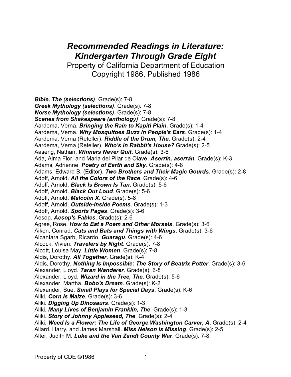 List 1: Rec. Reading K-8 - Recommended Literature (CA Dept of Education)