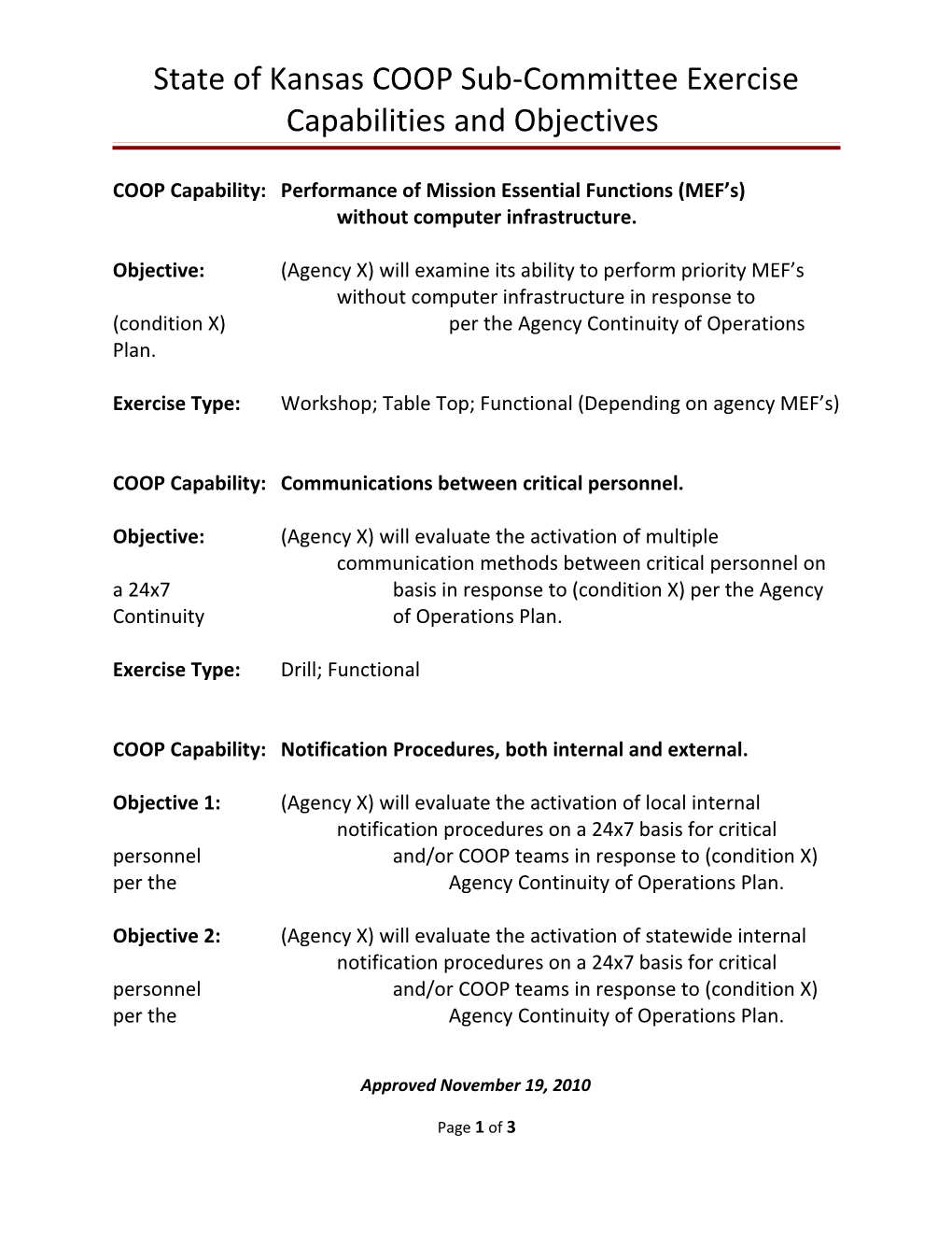 State of Kansas COOP Sub-Committee Exercise Capabilities and Objectives