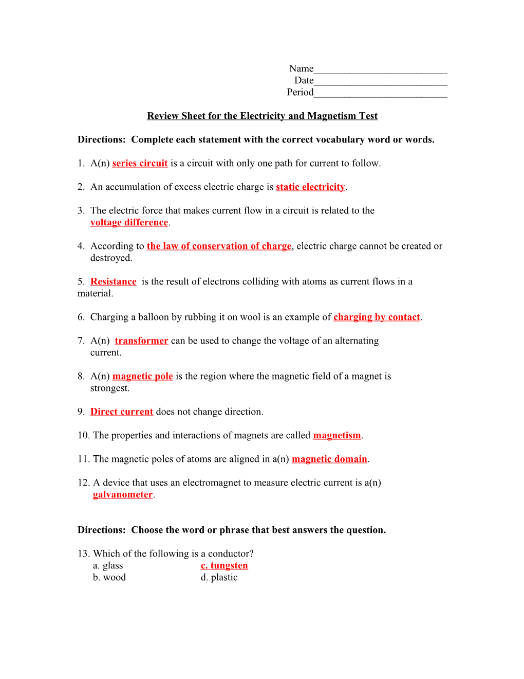 Review Sheet for the Electricity and Magnetism Test