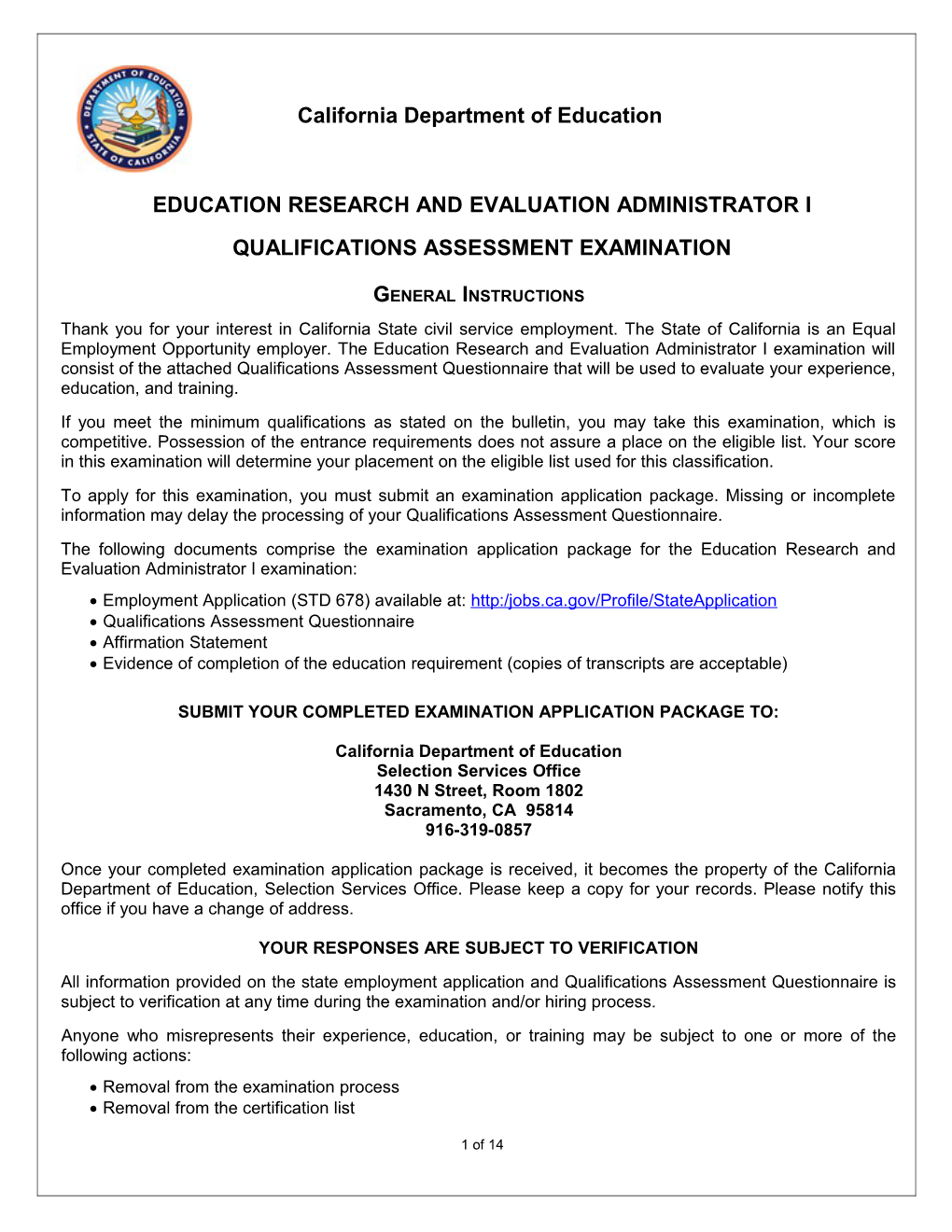 Education Research and Evaluation Administrator I Questionnaire - Jobs at CDE (CA Dept