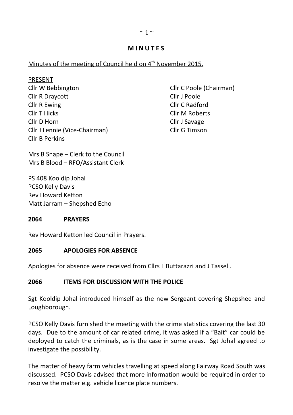Minutes of the Meeting of Council Held on 4Th November 2015