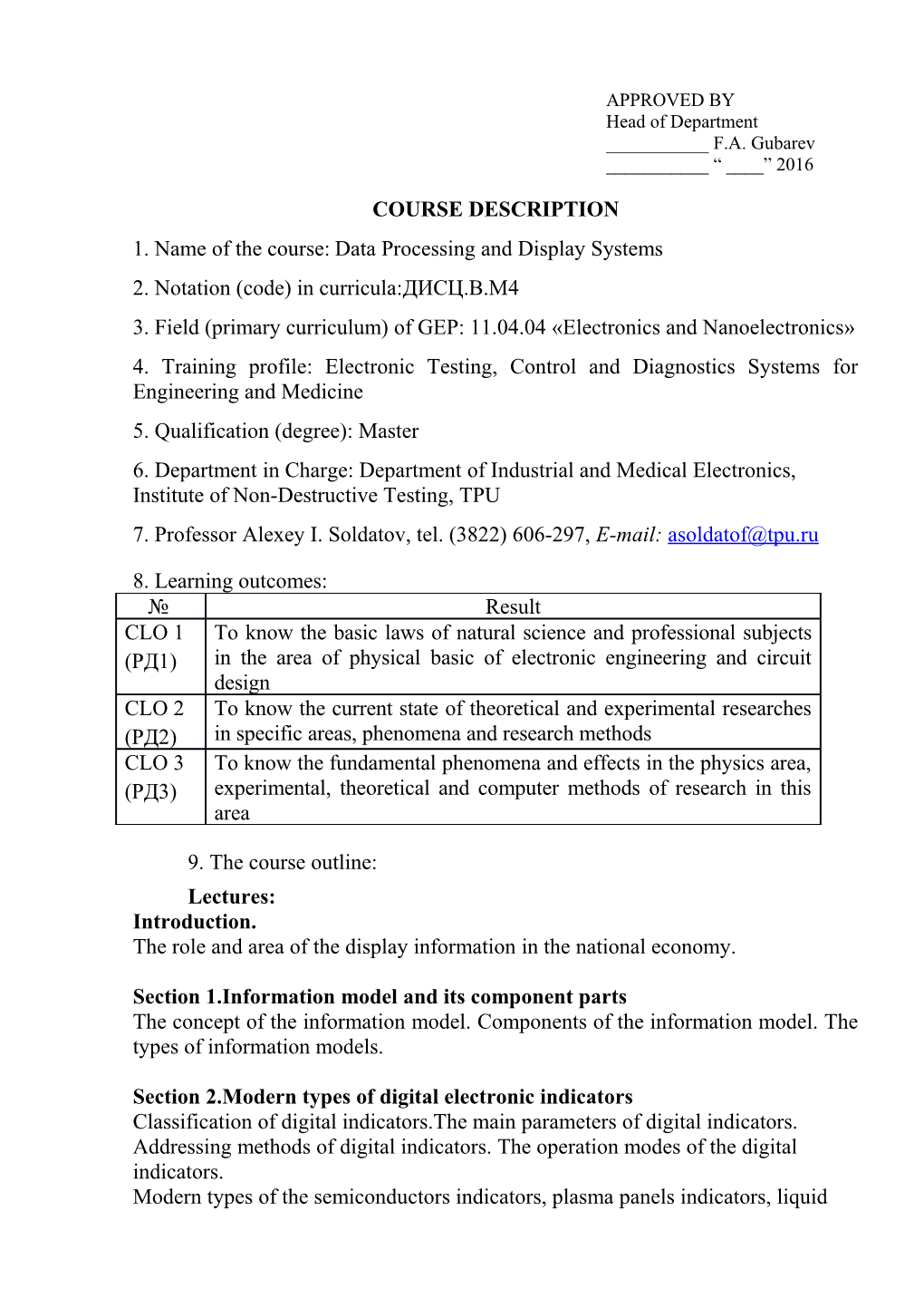 1. Name of the Course:Data Processing and Display Systems