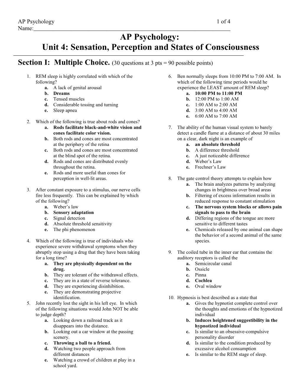 Unit 4: Sensation, Perception and States of Consciousness