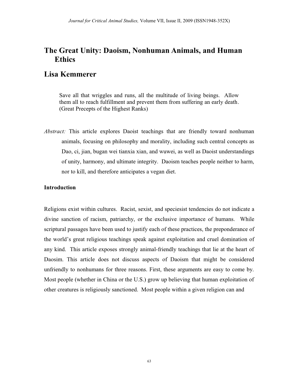 The Great Unity: Daoism, Nonhuman Animals, and Human Ethics