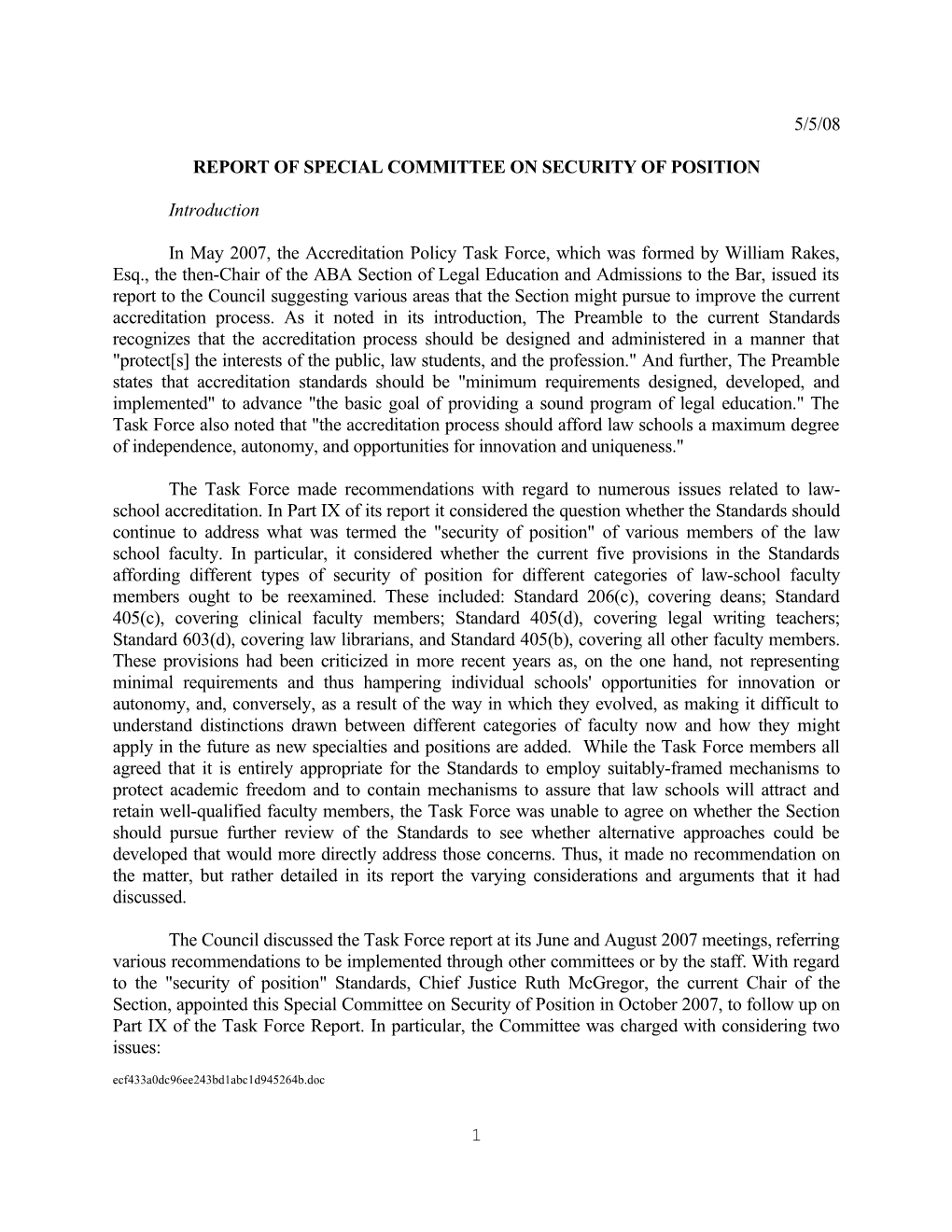 Report of Special Committee on Security of Position