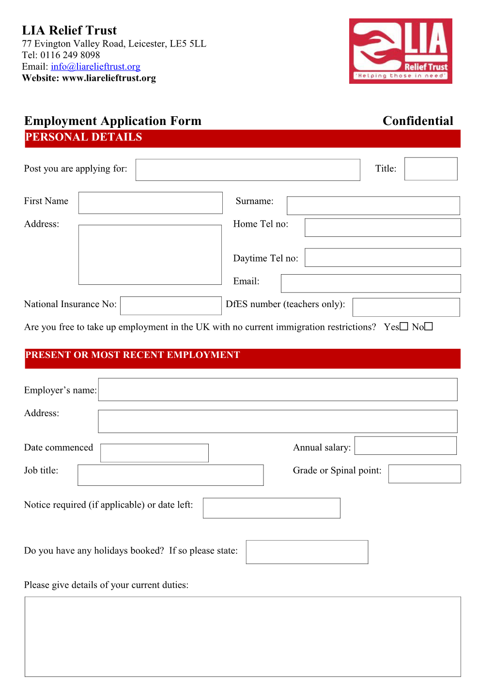 Employment Application Form Confidential