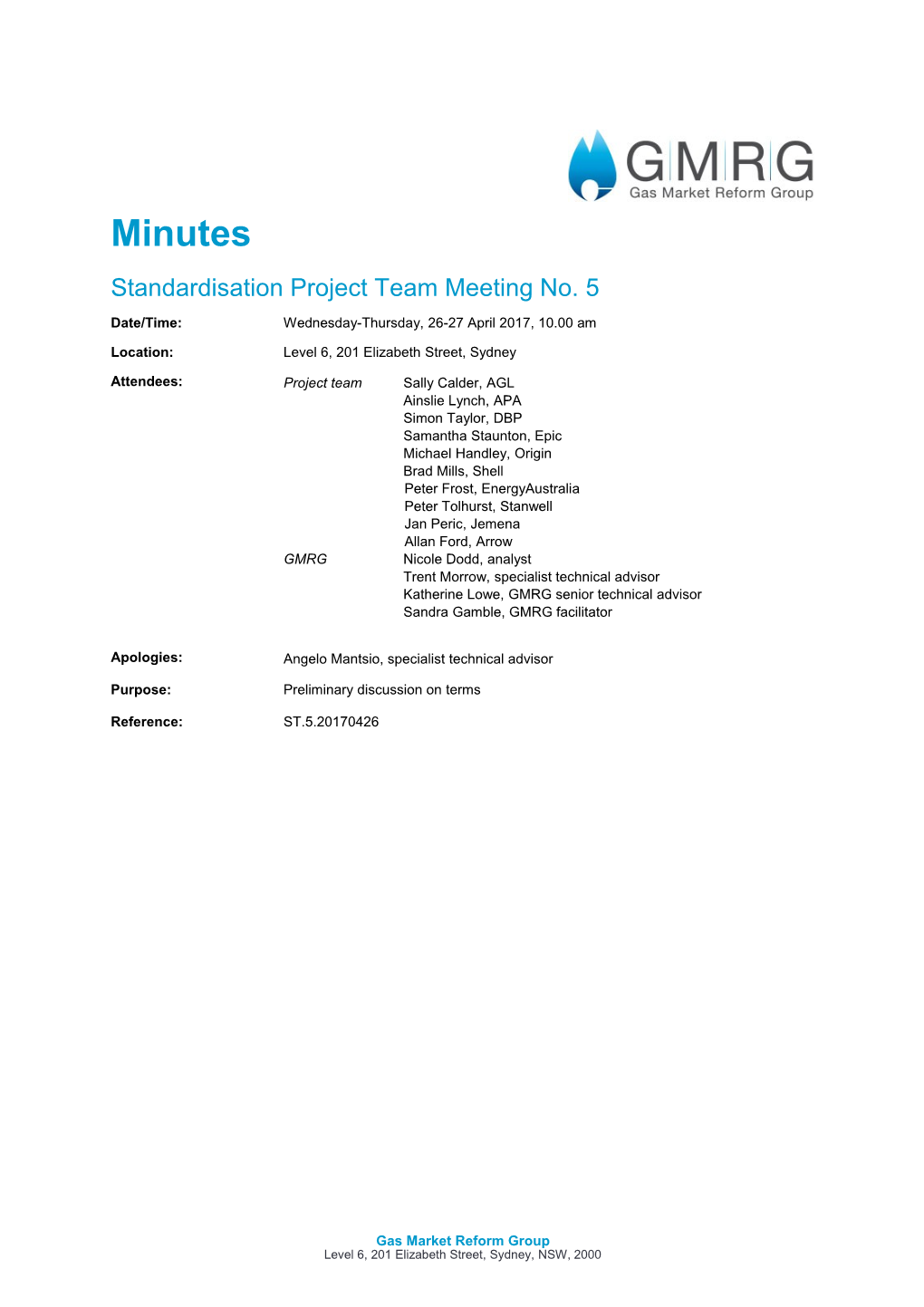 Standardisation Project Team: Meeting No. 5 - Minutes