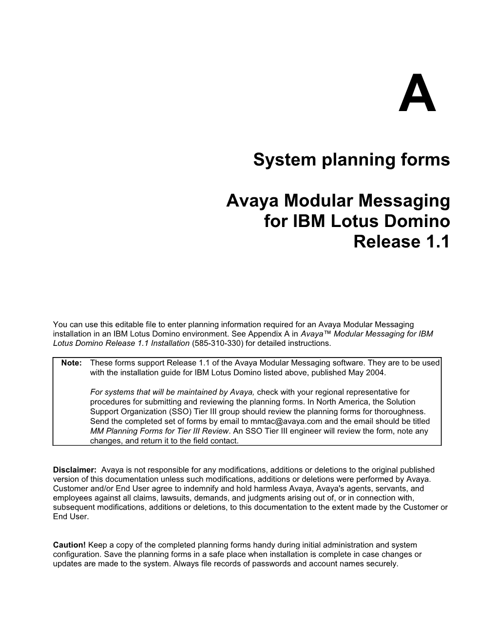 Avaya Modular Messaging Release 1.1 Planning Forms for IBM Lotus Domino - 1