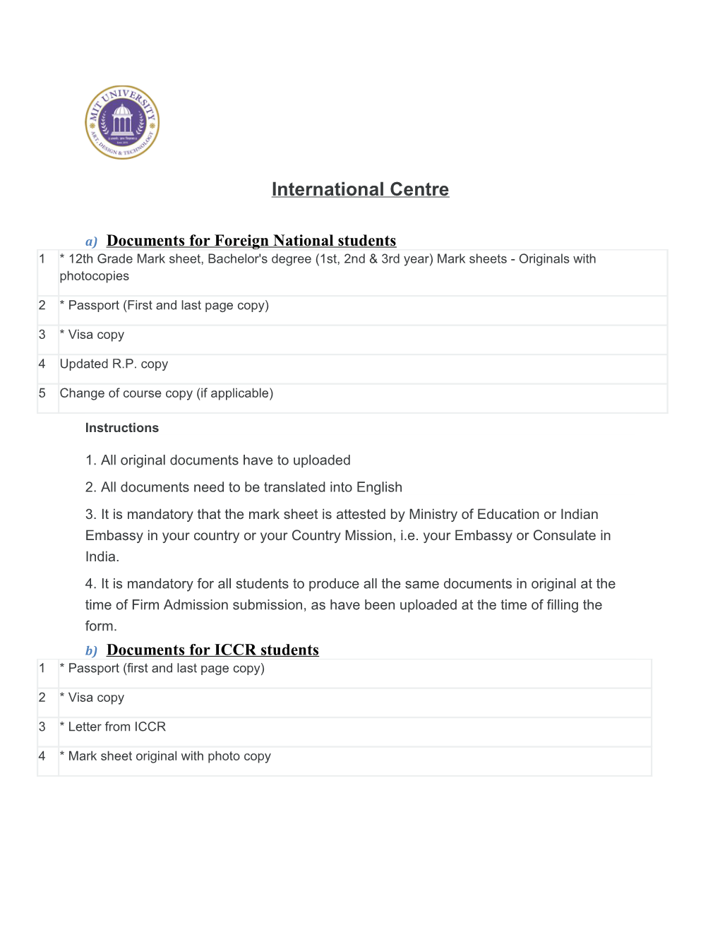 A)Documents for Foreign National Students