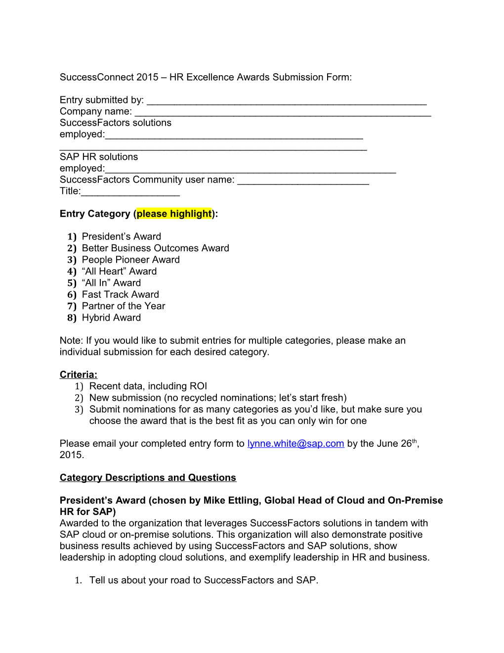 Successconnect 2015 HR Excellence Awards Submission Form