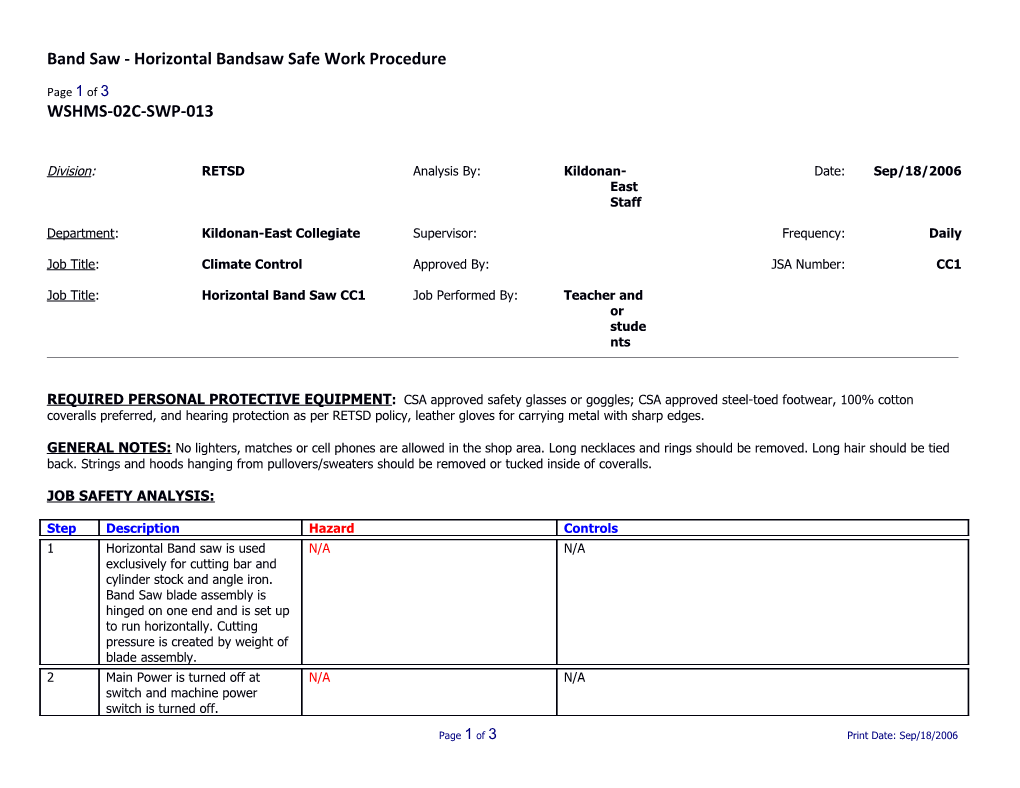 SWP-013 Saw - Horizontal Band Saw Safe Work Procedure