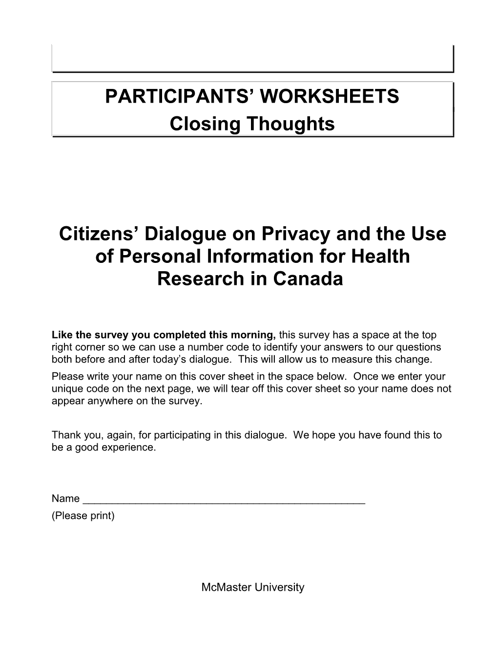 Participants Worksheets