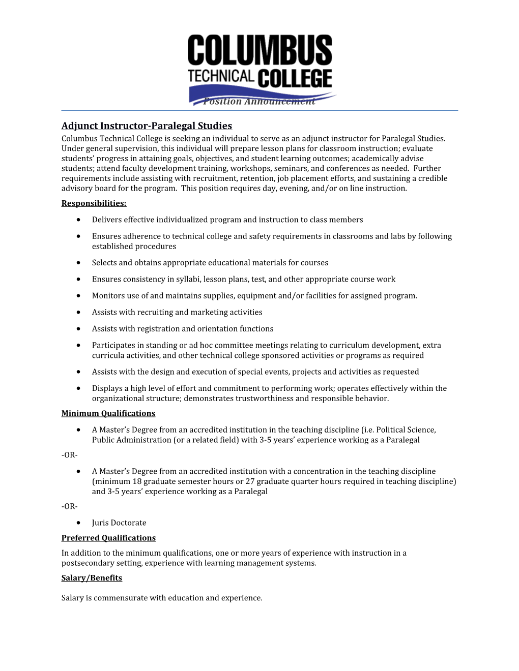 Adjunct Instructor-Paralegal Studies