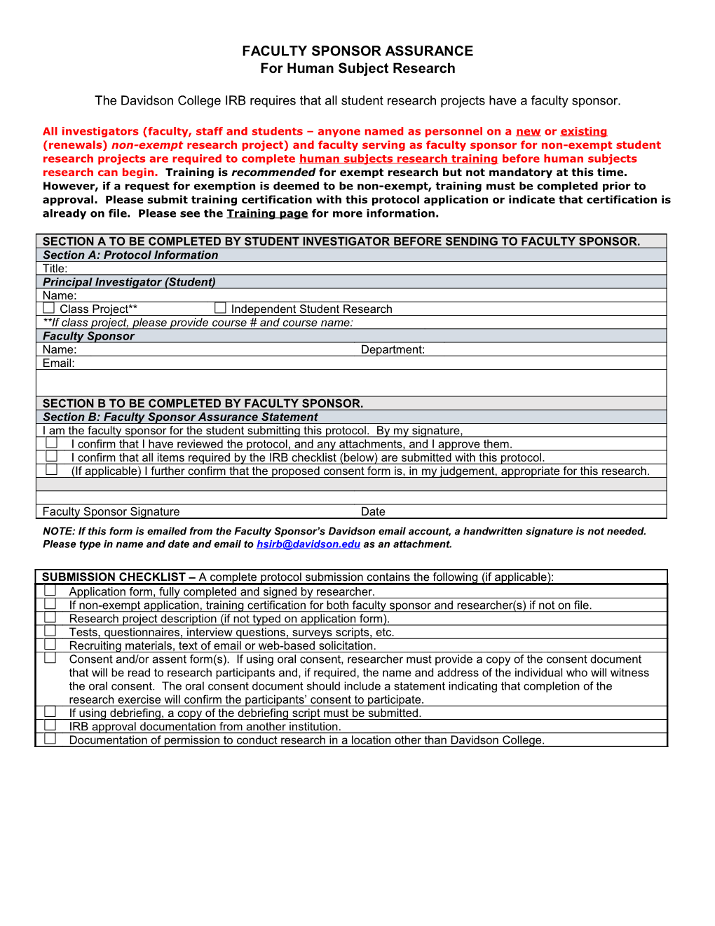 Faculty Sponsor Assurance Form