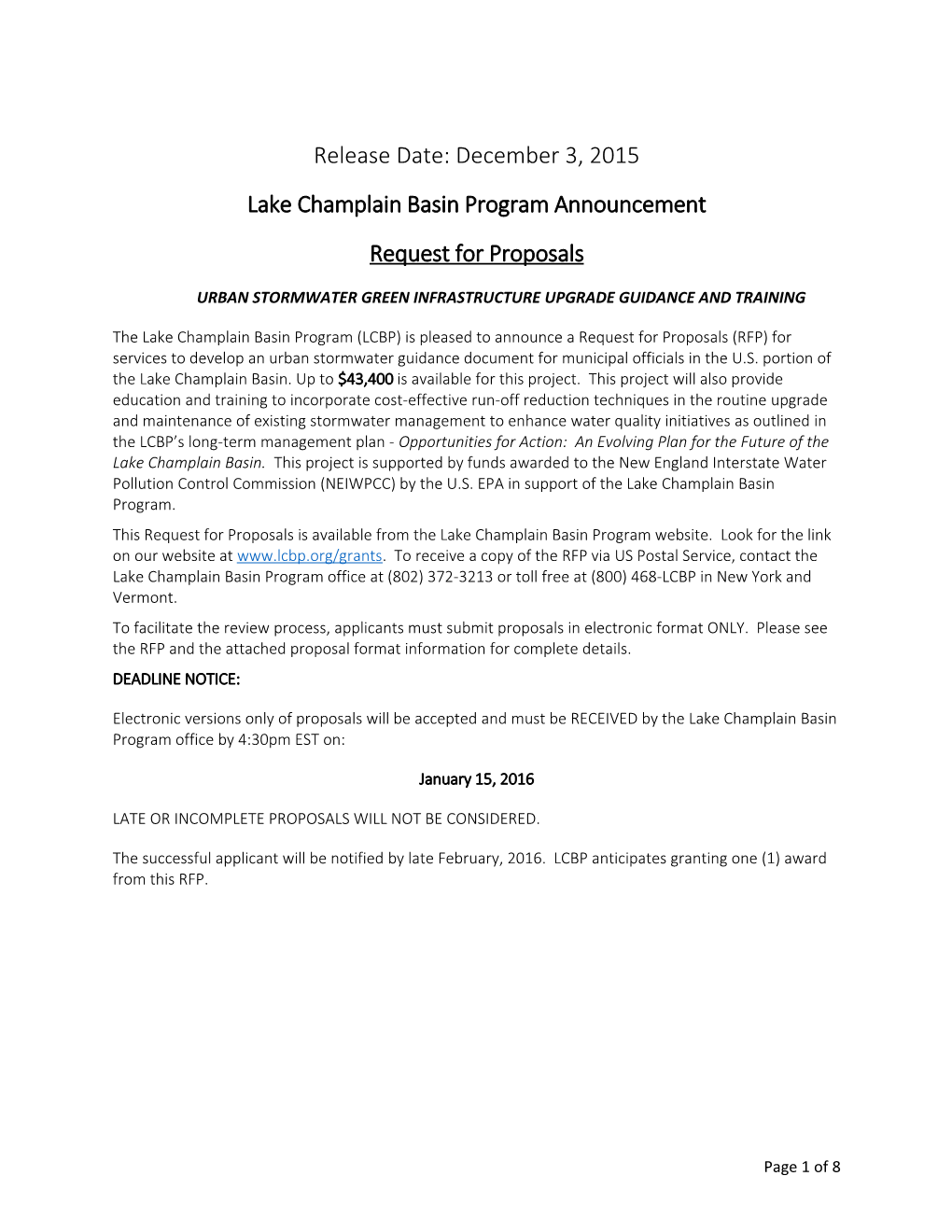 Lake Champlain Basin Program Announcement