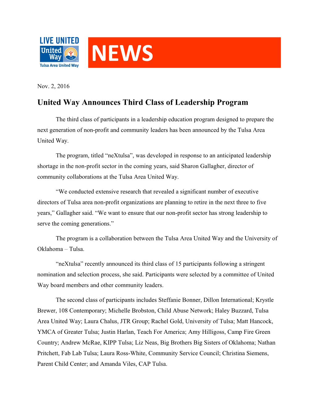 United Way Announces Third Class of Leadership Program