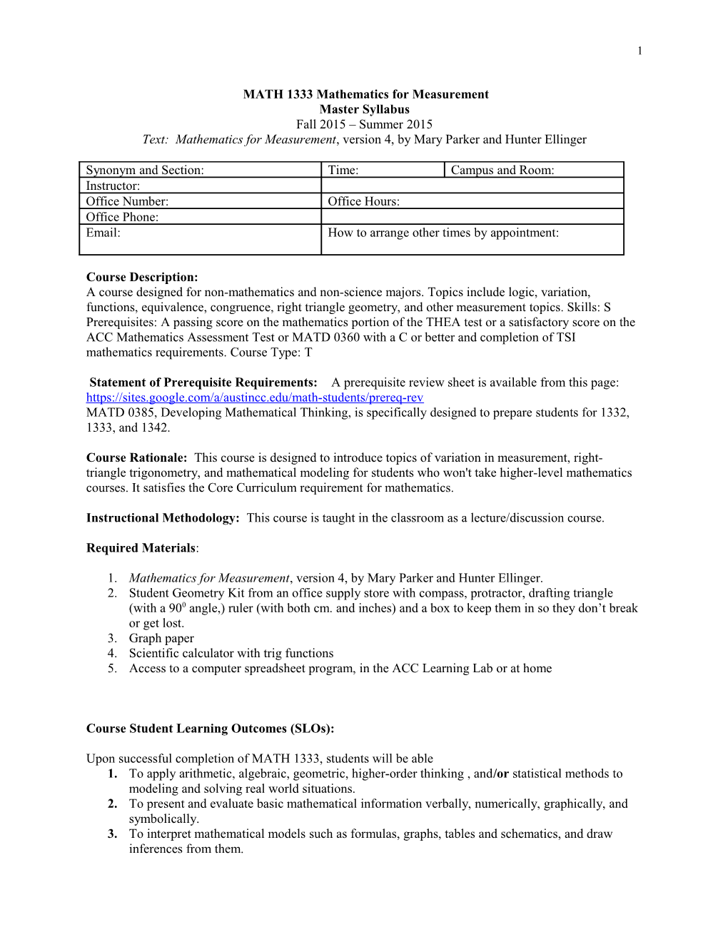 MATH 1333 Mathematics for Measurement