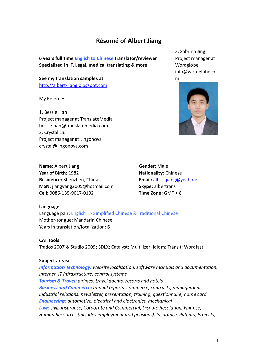 Résumé of Albert Jiang