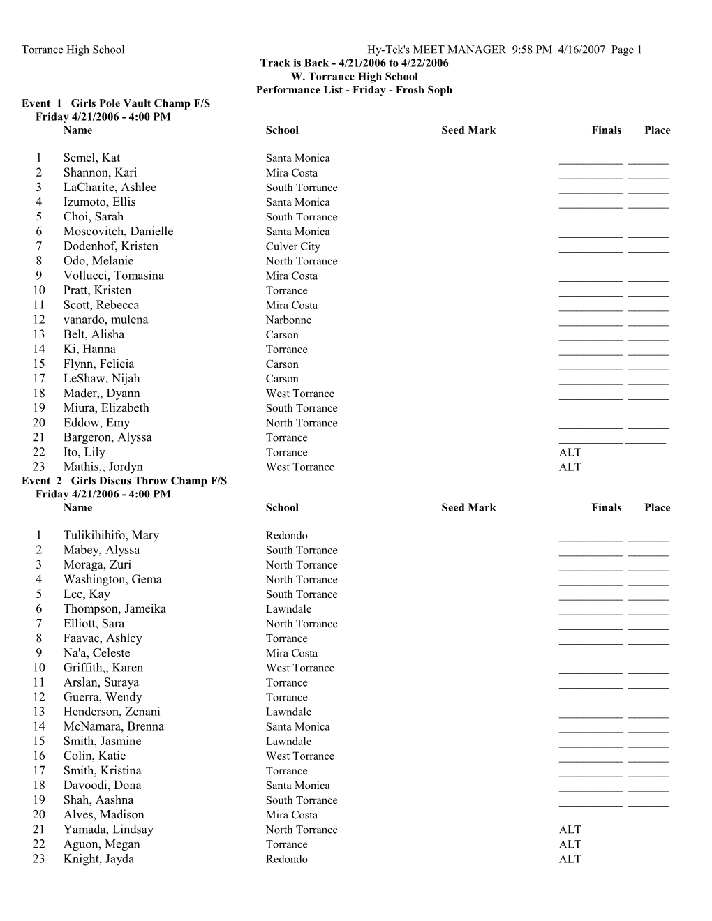 Event 1 Girls Pole Vault Champ F/S