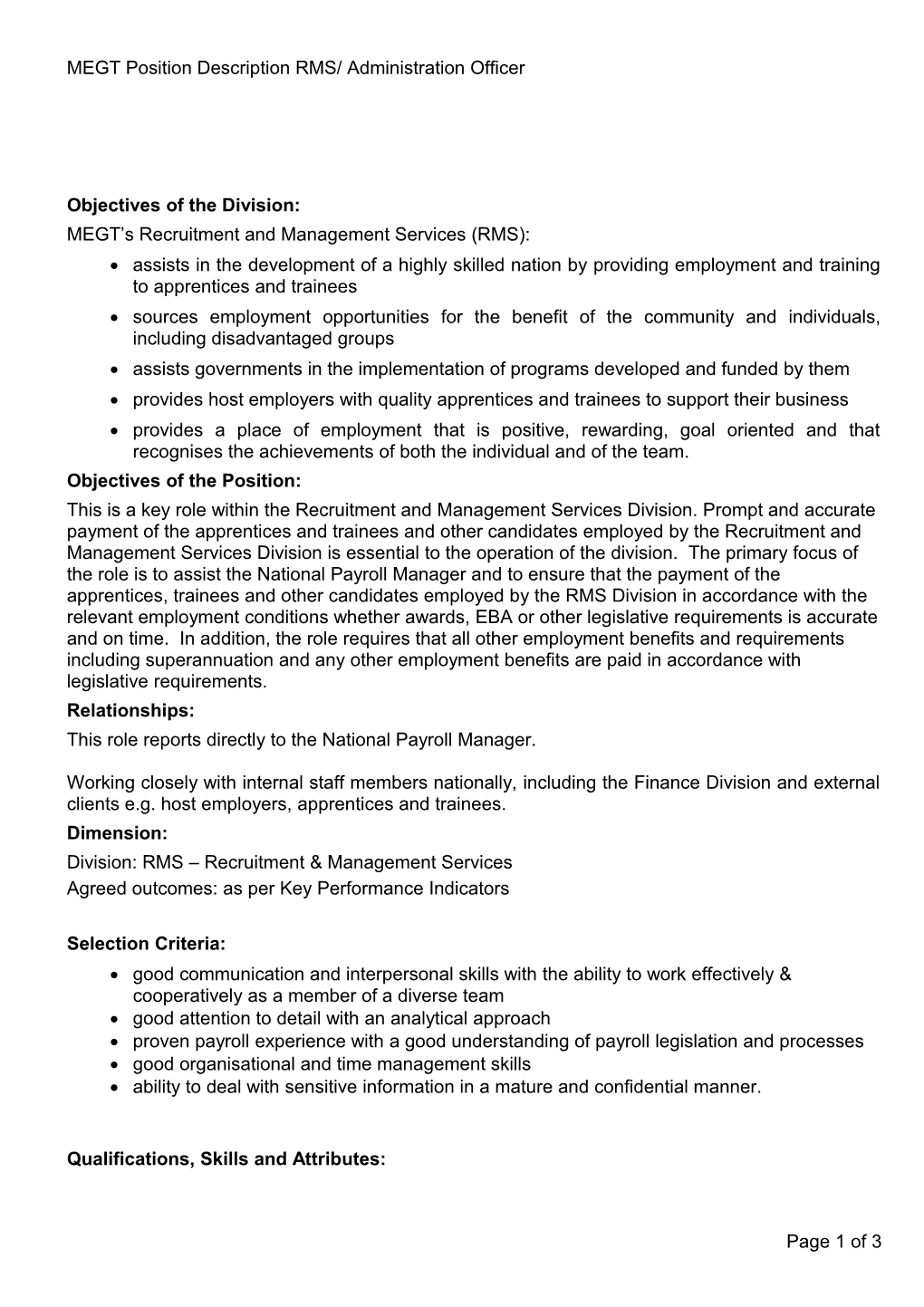 MEGT Position Description RMS/ Administration Officer