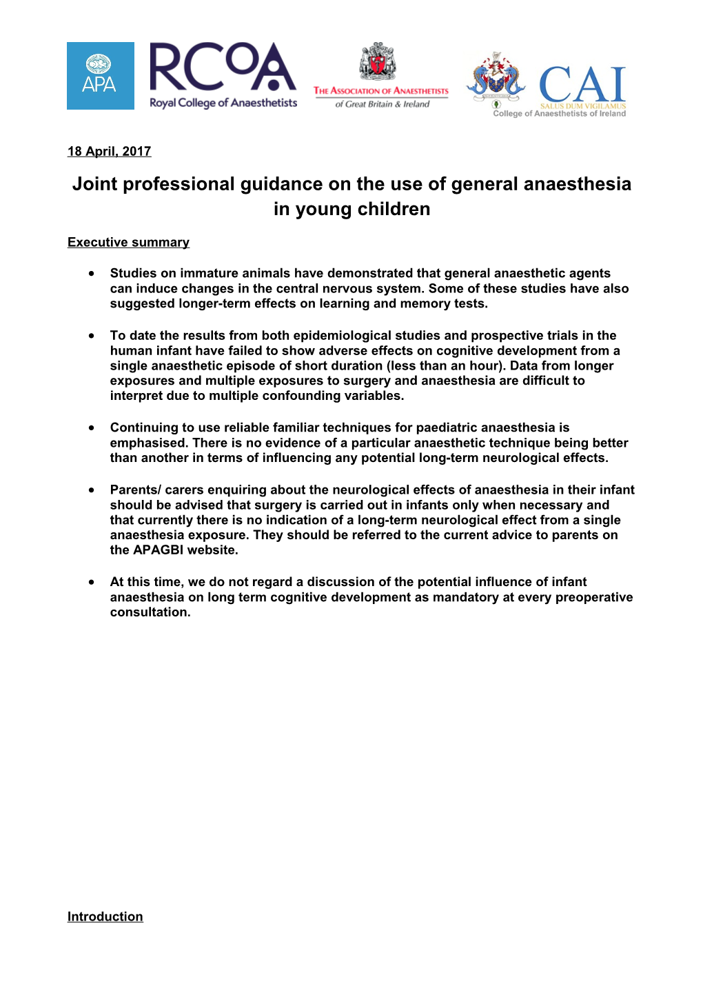 Joint Professional Guidance on the Use of General Anaesthesia in Young Children