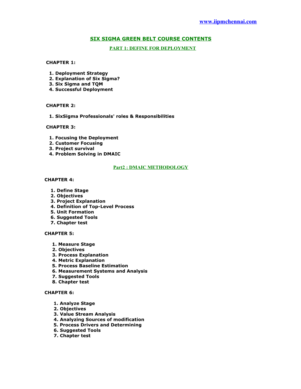 Six Sigma Green Belt Course Contents