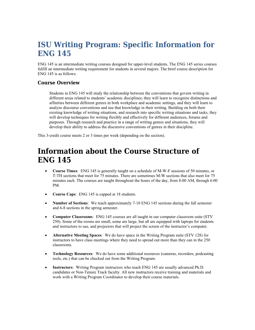 ISU Writing Program: Specific Information for ENG 145