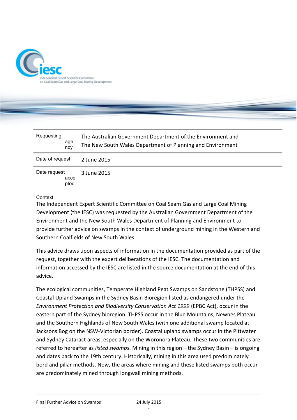 Advice to Decision Maker on Coal Miningiesc 2015-068: Further Advice on Impacts to Swamps