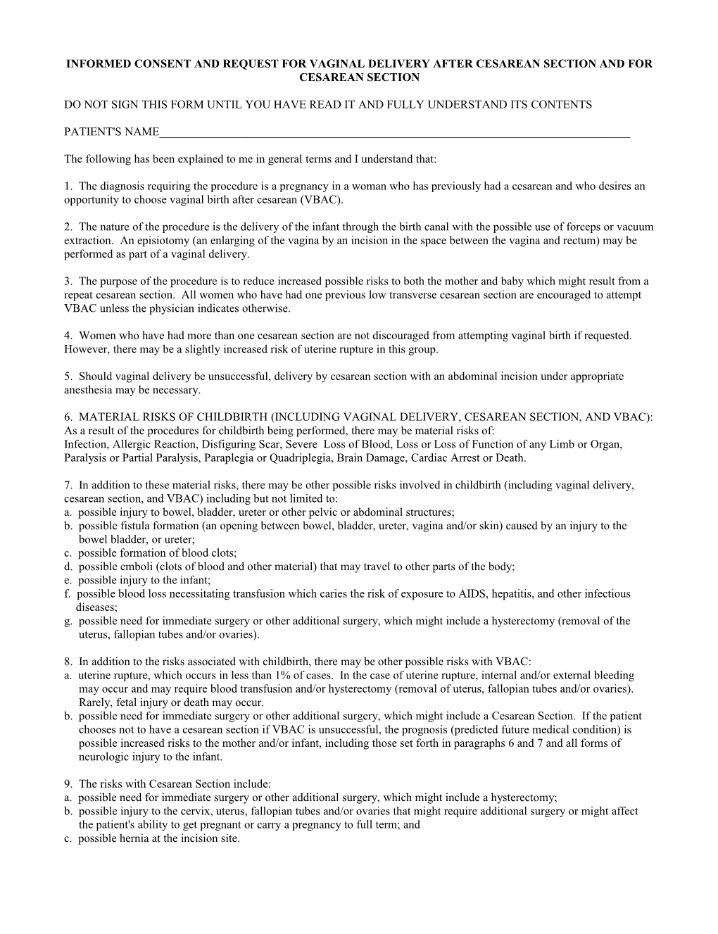 Informed Consent and Request for Vaginal Delivery After Cesarean Section and for Cesarean