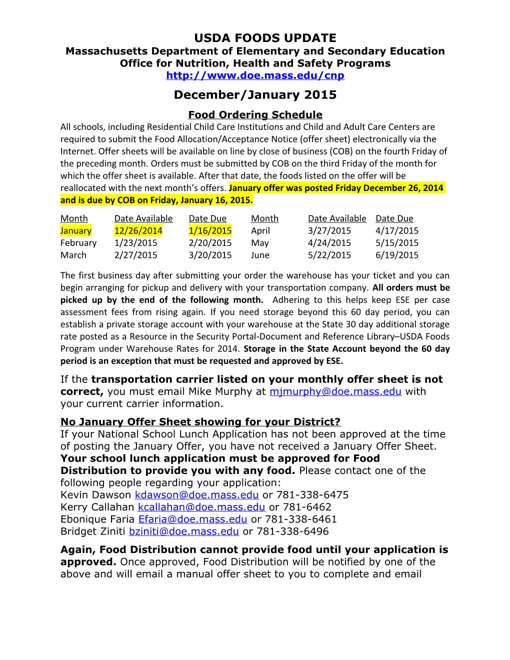 USDA Foods Update December/January