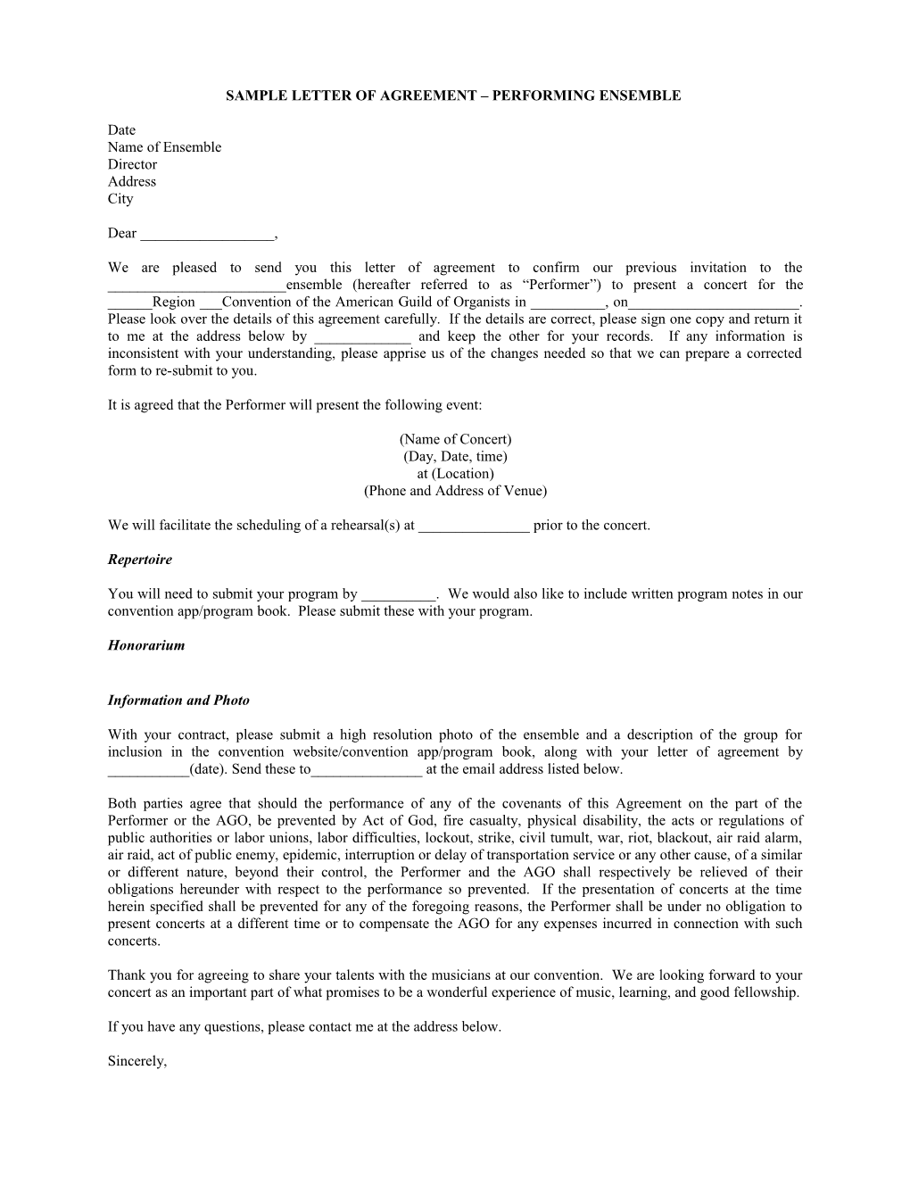 Sample Letter of Agreement Performing Ensemble Contract