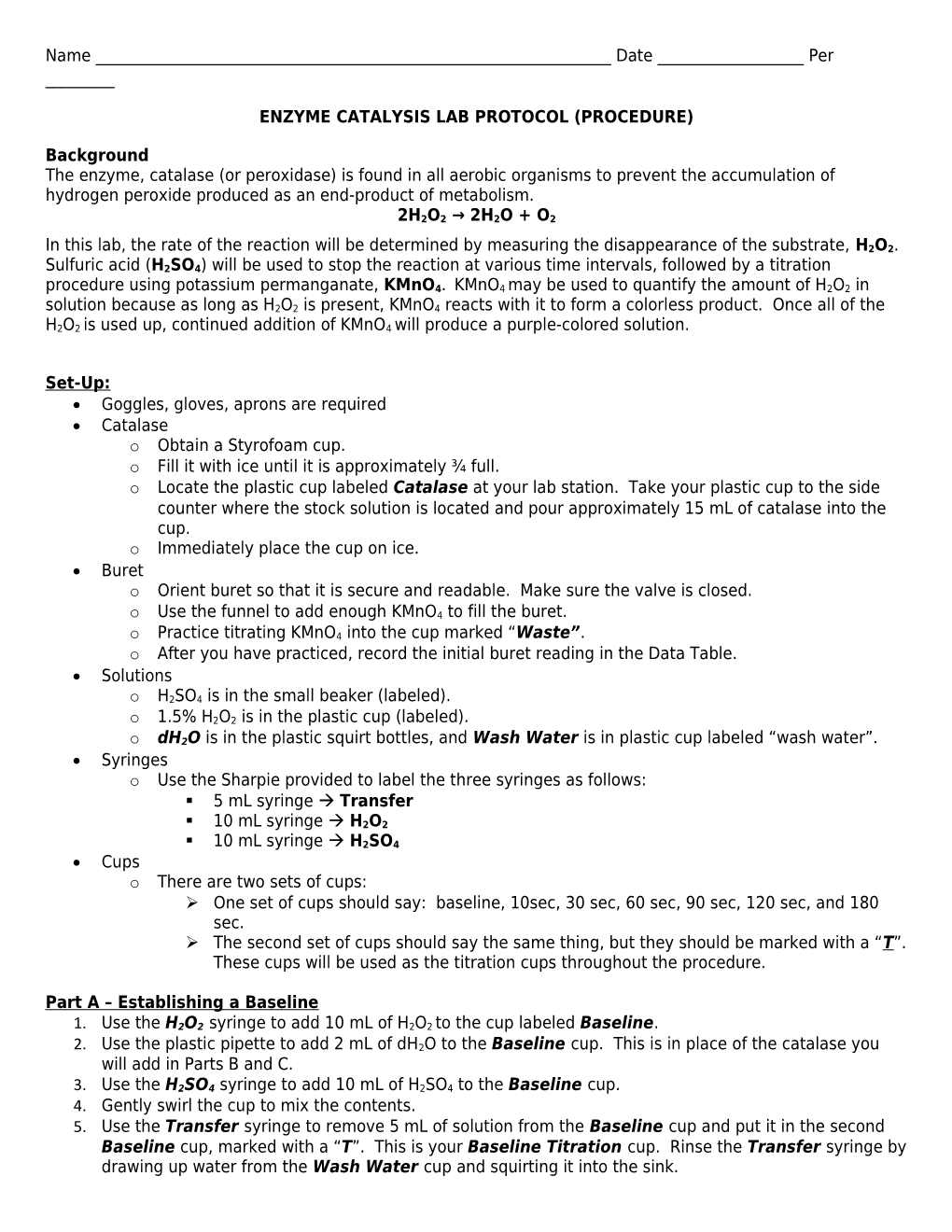 Enzyme Catalysis Lab Protocol (Procedure)