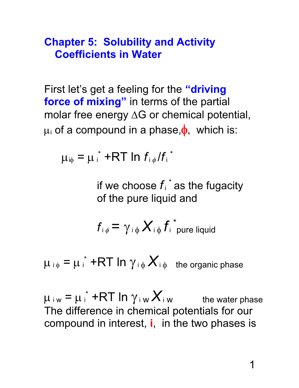 Chapter 5: Solubility and Activity Coefficients in Water