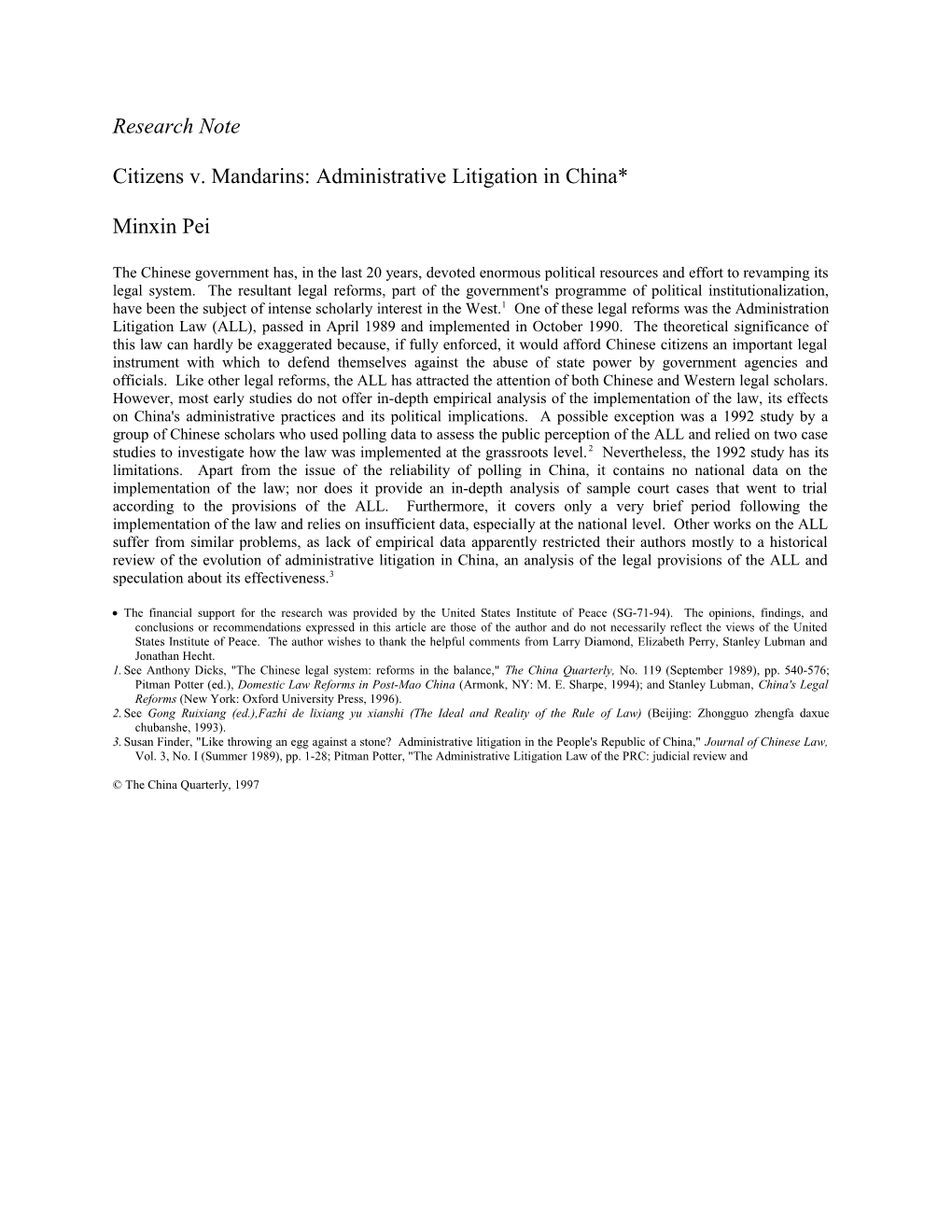 Citizens V. Mandarins: Administrative Litigation in China*