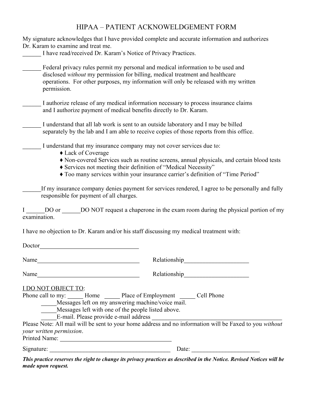 Hipaa Patient Acknoweldgement Form